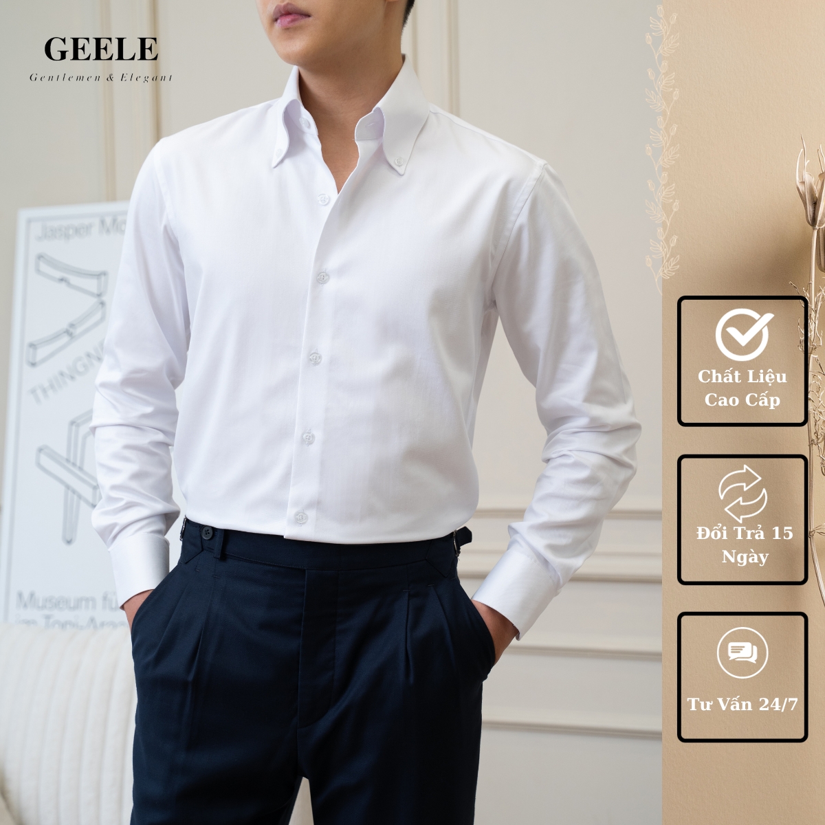 Áo sơ mi trắng cổ button down form regular fit geele