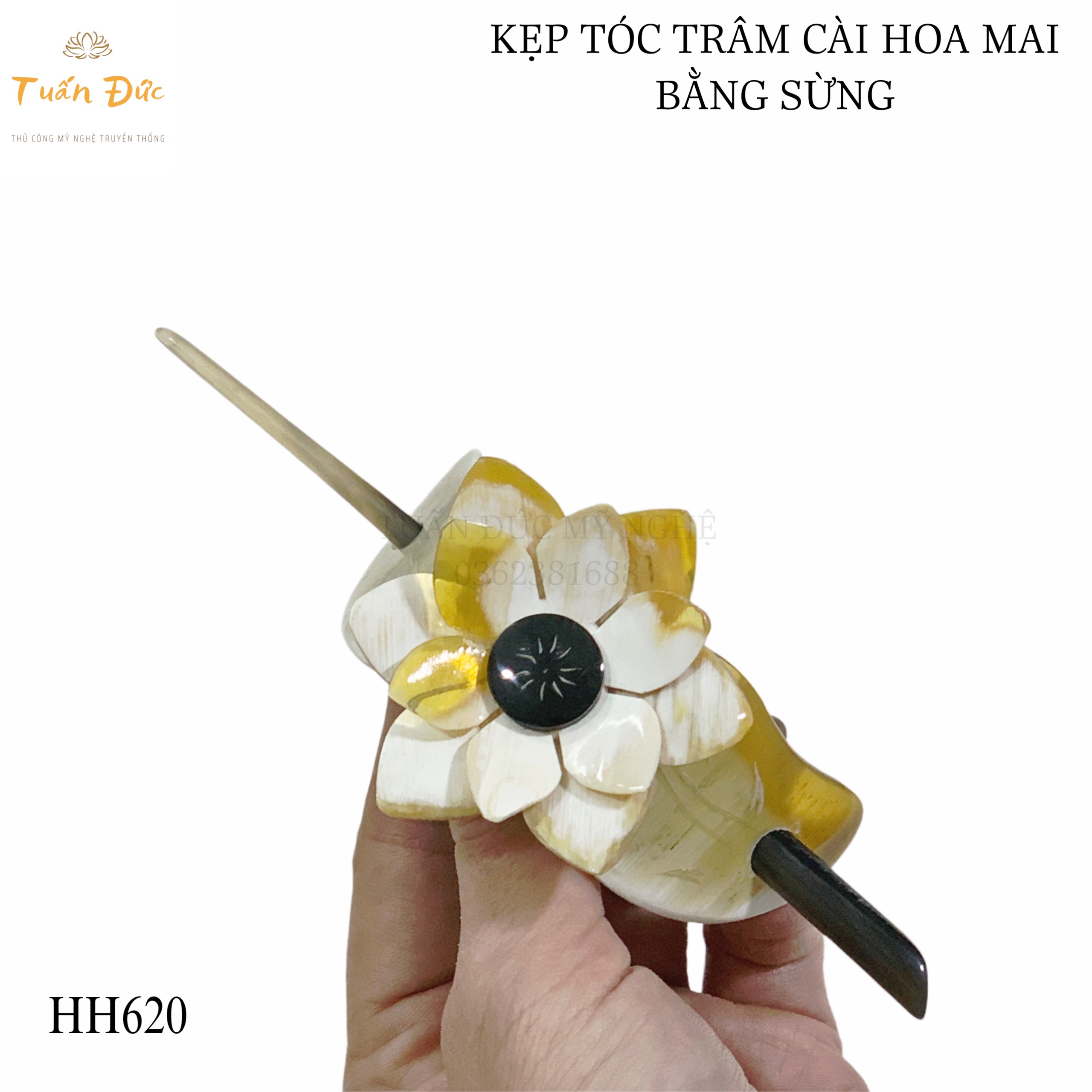 Kẹp tóc trâm cài hoa mai bằng sừng- tuấn đức mỹ nghệ- hh620