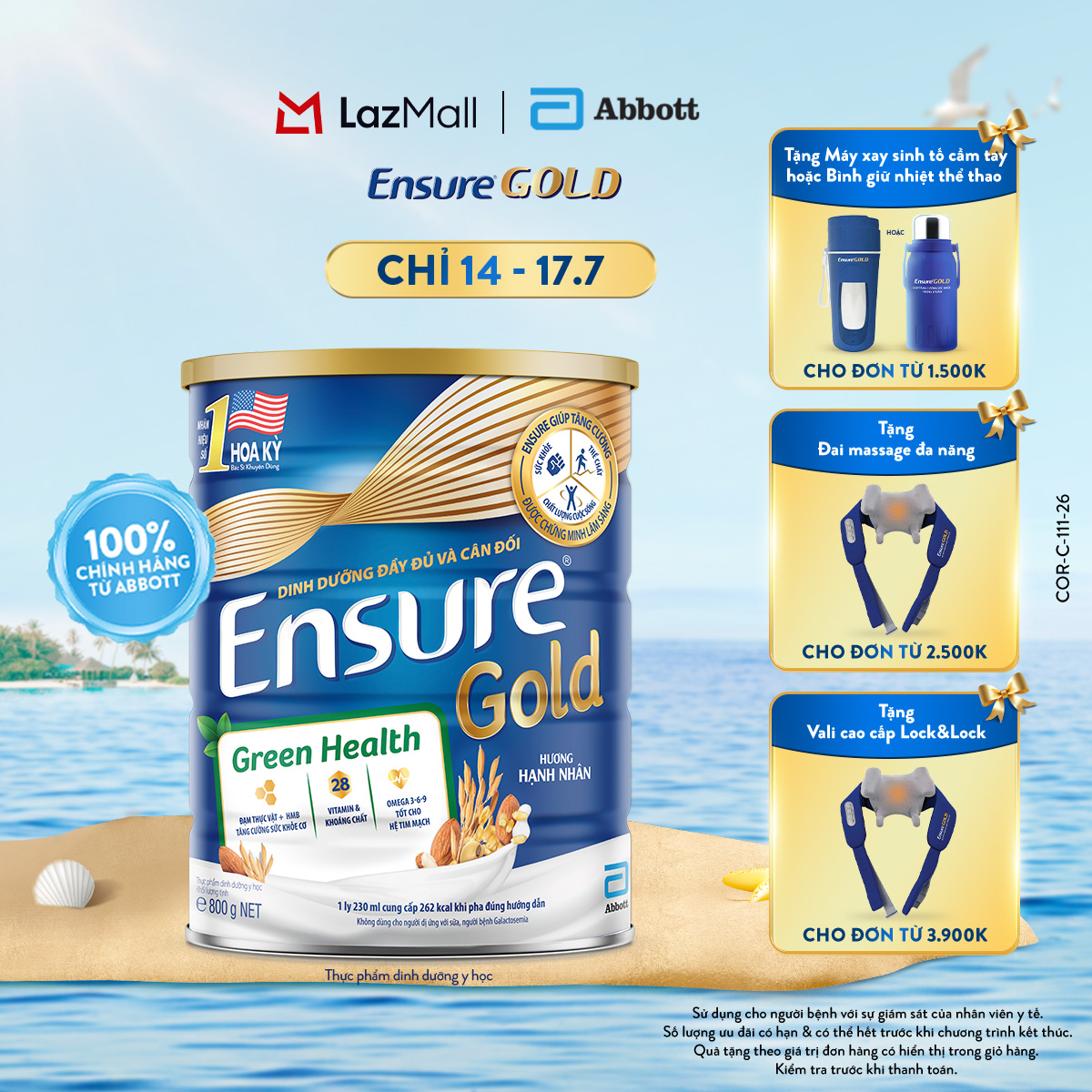 [CHỈ 14.7 - 17.7 QUÀ TẶNG CHO ĐH 1500K/2500K-SLCH] Lon sữa bột Ensure Gold Green Health 800g