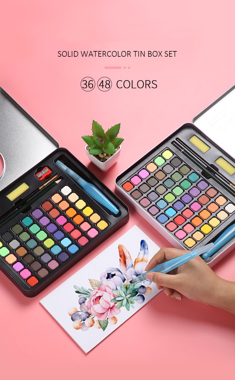 Màu nước dạng nén Water Color 48 màu +Tặng kèm cọ tỉa, Bút chì, Bút lông, gọt bút chì, tuýp trắng blend