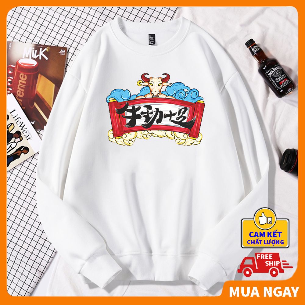 Áo sweater nam form rộng dáng Unisex ABATI in hình võ sĩ Trâu đón tết 2021, áo nỉ hoodie nam không cổ tay dài vải dày mịn ấm áp phong cách năng động trẻ trung cá tính AN1142
