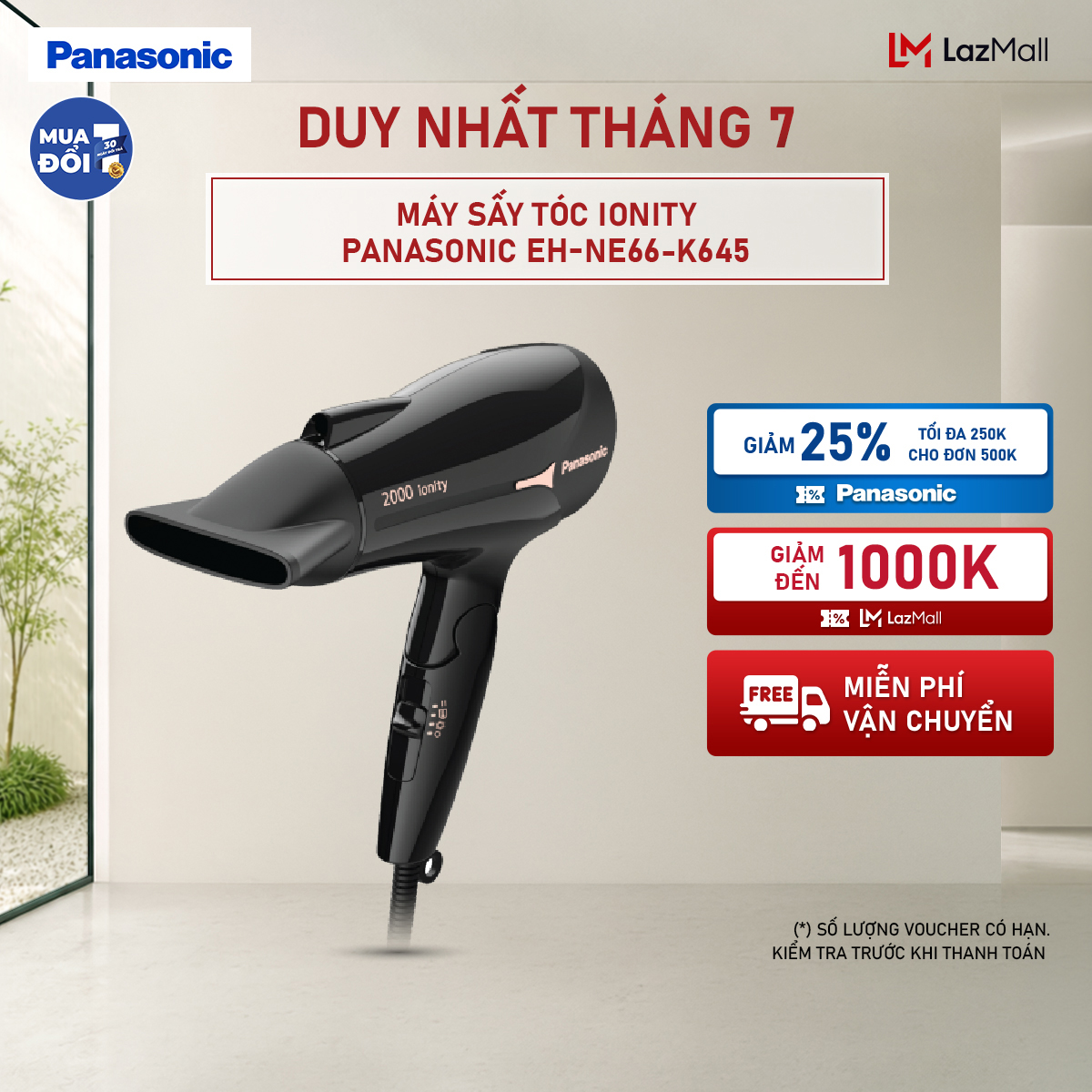 [Máy Sấy Tóc Ionity Panasonic EH-NE66-K645 - Sấy Ion Bảo Vệ Tóc Tăng Độ Bóng Mượt - Tay Cầm Gấp Tiện Lợi - Bảo Hành 12 Tháng - Hàng Chính Hãng