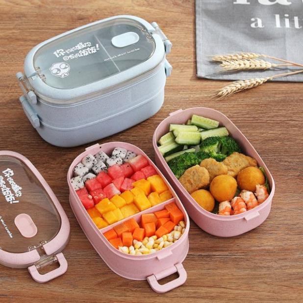Hộp cơm 2 tầng lúa mạch có đũa muỗng shopanhthu