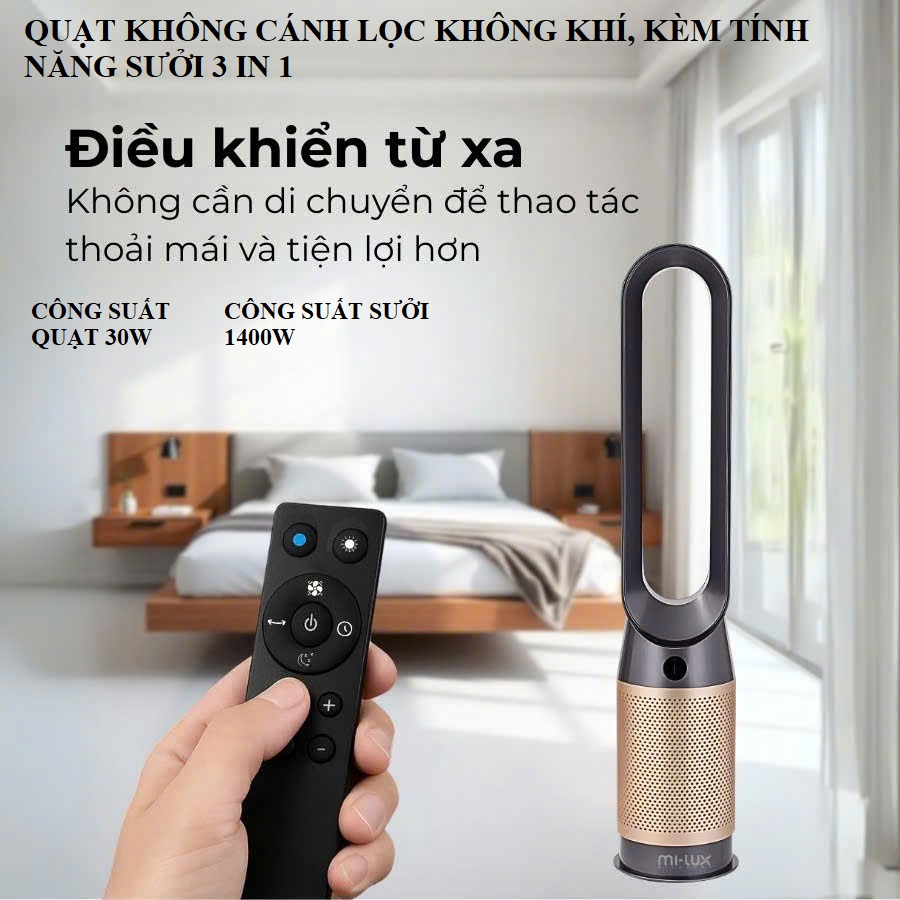 Quạt không cánh lọc không khí tích hợp sưởi 3 in 1 miluxury air 1 pro model 2025, động cơ bldc 30w/1400w, điều khiển qua điện thoại