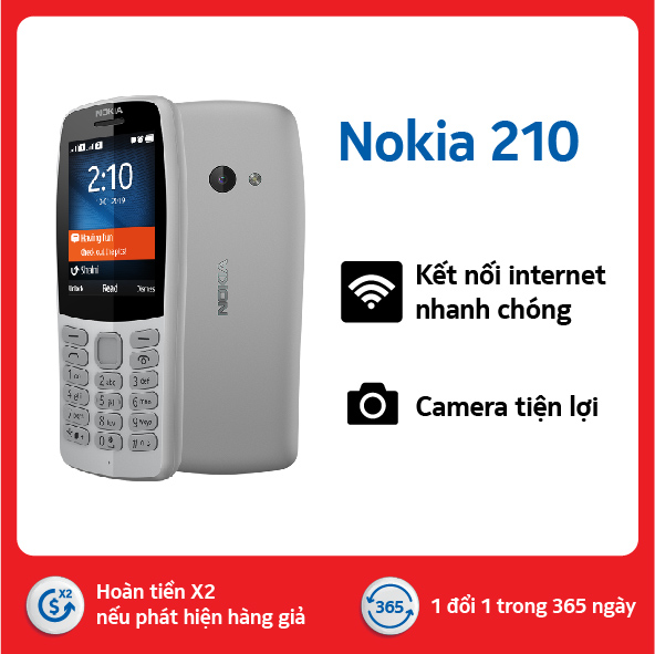 Điện thoại Nokia 210-Thẻ nhớ ngoài MicroSD, hỗ trợ tối đa 32 GB, 2 Nano Sim | Bảo hành chính hãng 12 tháng