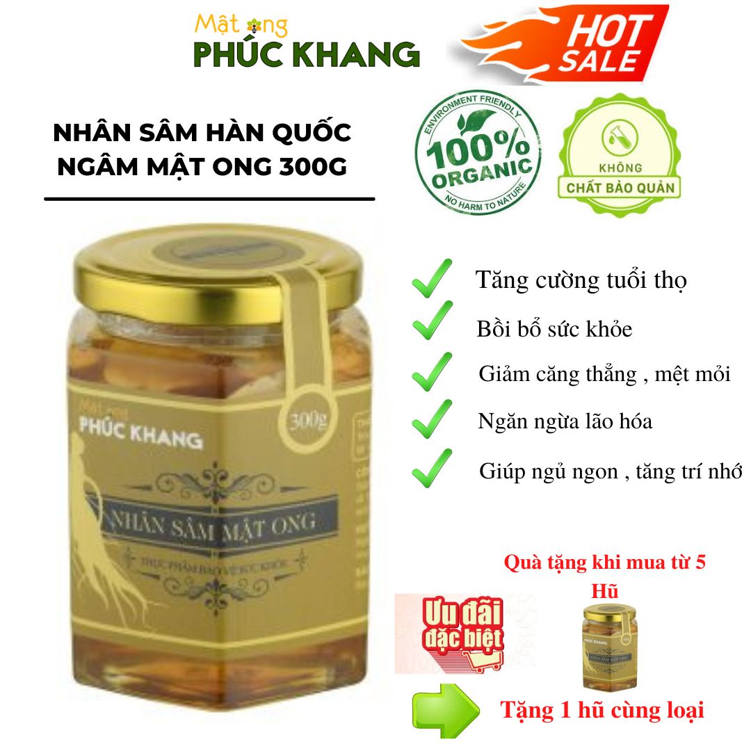 Nhân Sâm Mật Ong Cao Cấp Phúc Khang - Hũ thủy tinh cao cấp 300g - nhân sâm hàn quốc,sâm lát ngâm mật ong cao cấp , Quà tặng , biếu cao cấp