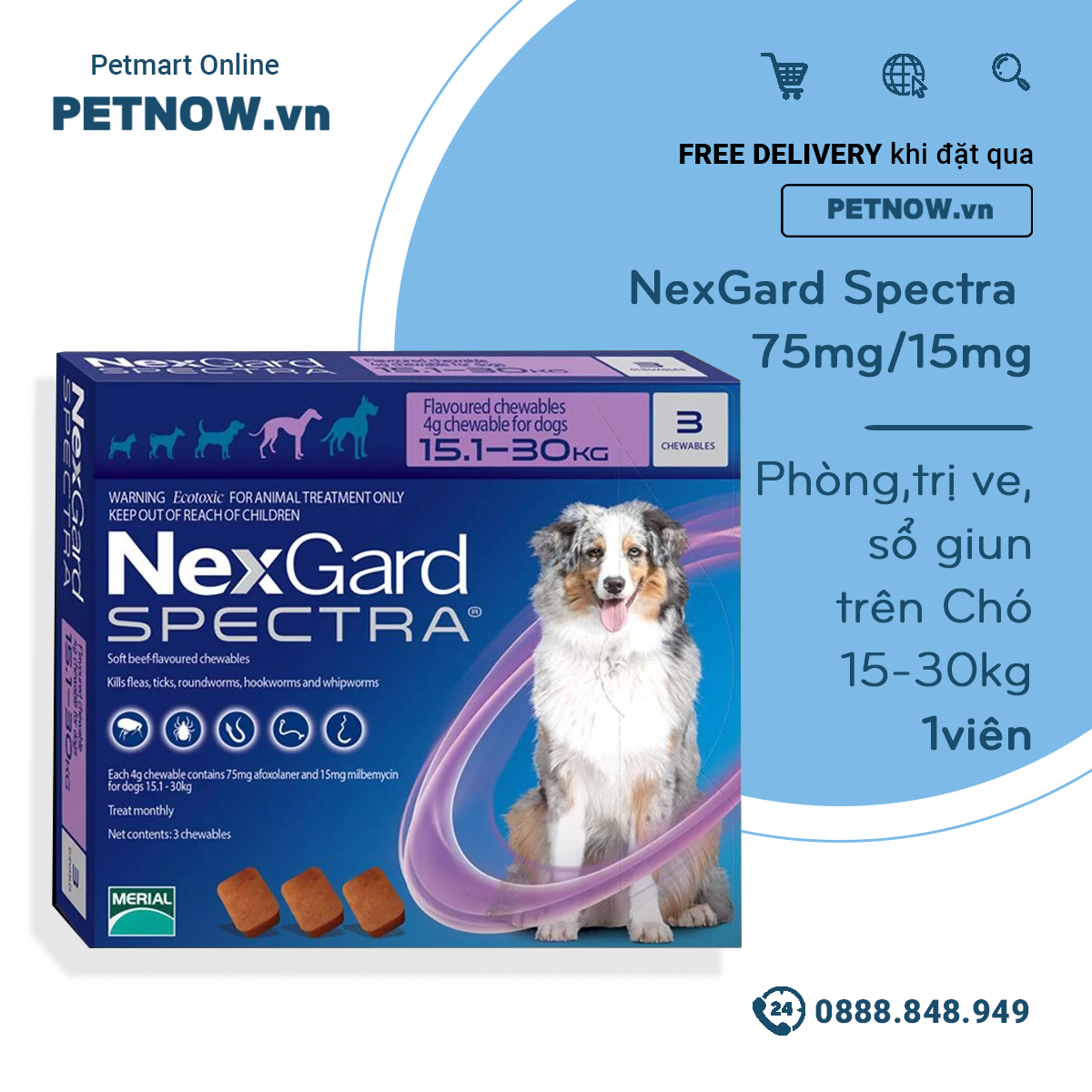 NexGard Spectra 75mg/15mg Phòng, trị ve, sổ giun trên Chó 15-30kg - 1viên petnow