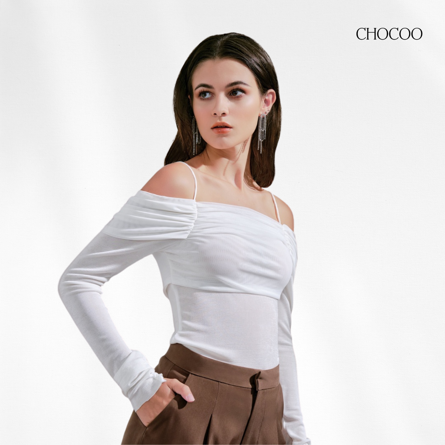 Áo trễ vai chocoo palis top dài tay thiết kế vải thun lạnh lưới lụa màu trắng thanh lịch nữ tính
