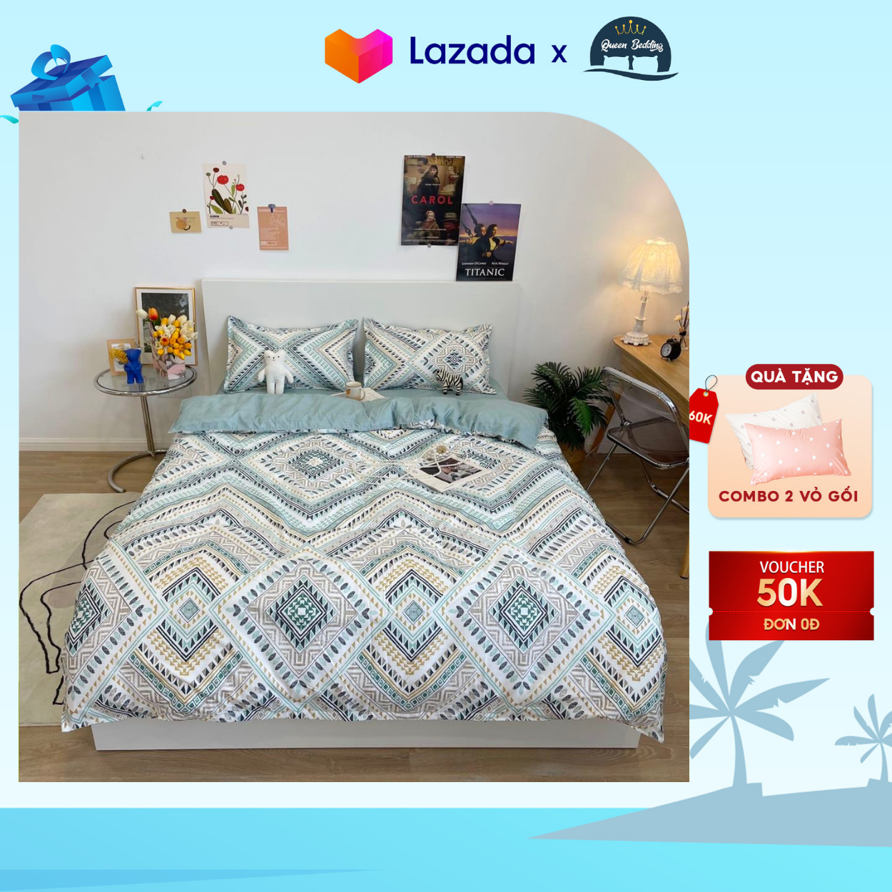 Bộ Chăn Ga Gối Thổ Cẩm Xanh Chất Liệu Cotton Poly Set 4 Món Dành Cho Mùa Hè