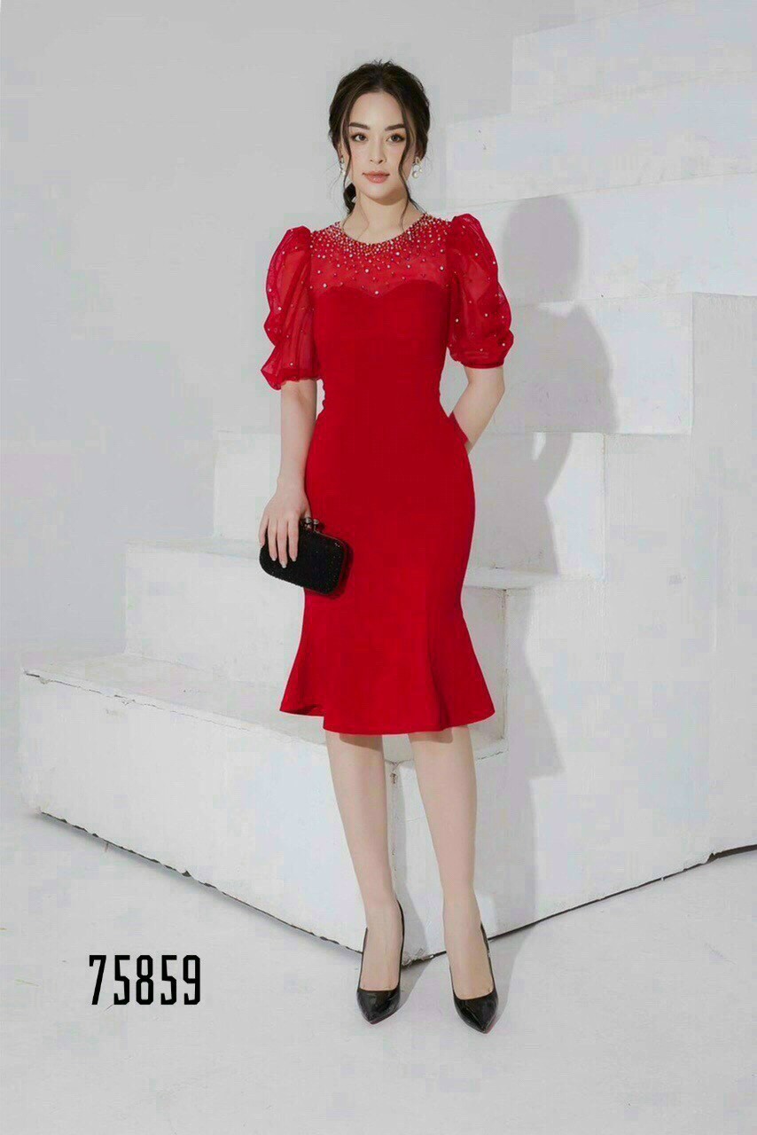 ĐẦM NỮ ĐUÔI CÁ - ĐẦM BODY DỰ TIỆC MÀU ĐỎ THIẾT KẾ TAY VÀ VAI ÉP ĐÁ SANG TRỌNG CHẤT CO GIẢN NHẸ SIZE TỪ 40KG ĐẾN 71KG