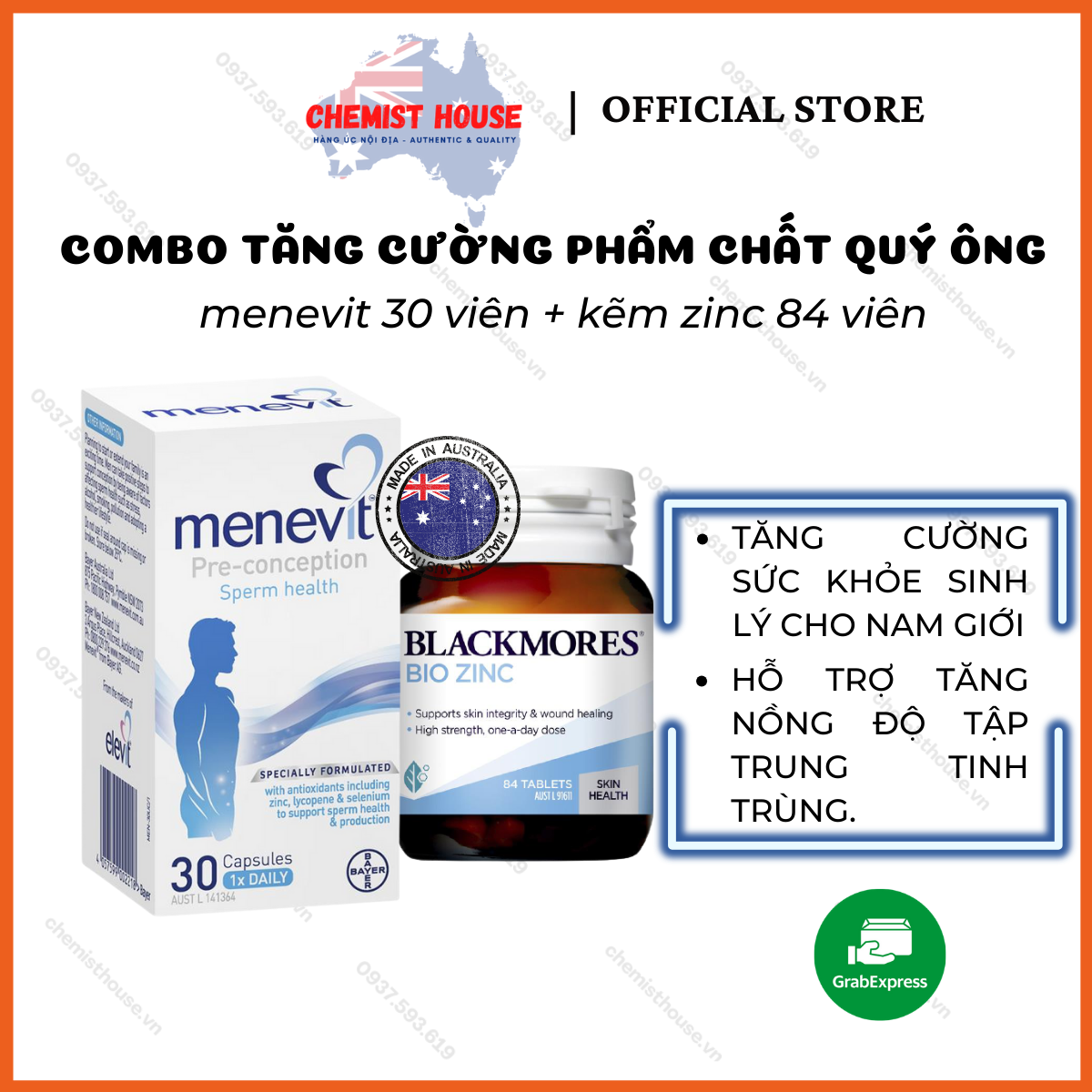 Combo úc menevit 30 viên + kẽm blackmores - tăng cường phẩm chất qúy ông tăng thụ thai tăng sinh lý nam