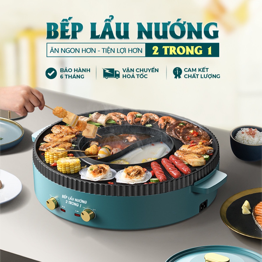 Bếp lẩu nướng kết hợp 2 trong 1, vừa lẩu vừa nướng hàng chính hãng, có phiếu bảo hành