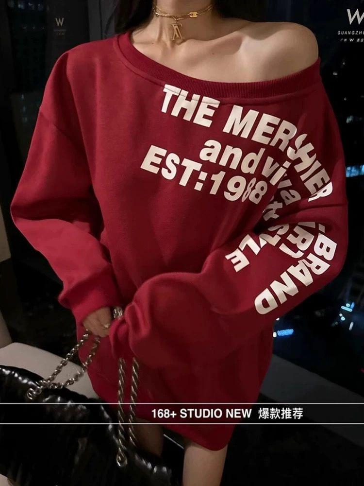 Áo Hoodie Kiểu Hàn Quốc Dài Tay 2024 Áo Mẫu Mới Rộng Rãi Thiết Kế Hot Girl Áo Trễ Vai In Hoa Xuân Thu Kiểu Mỹ