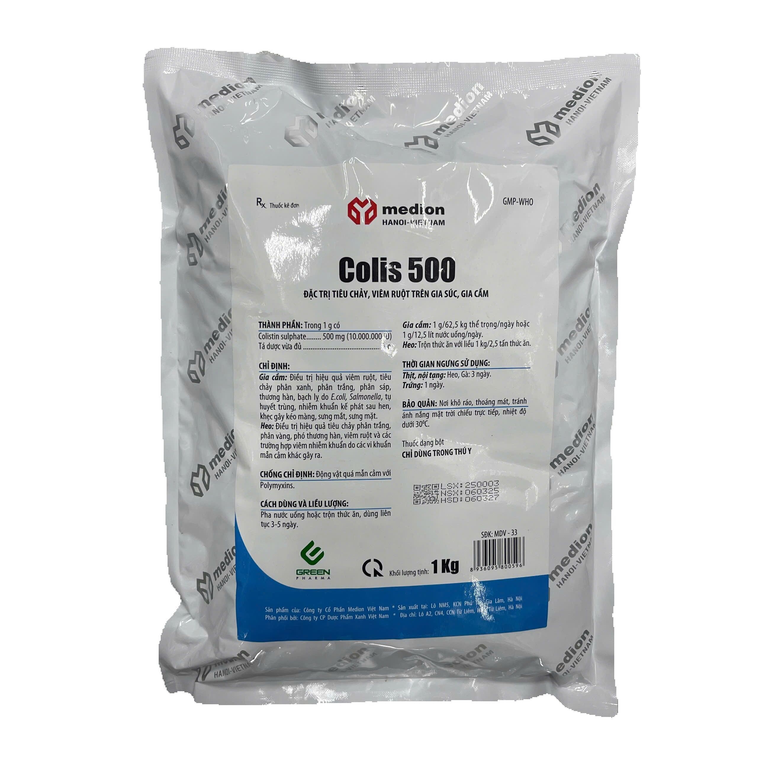 Thuốc trị tiêu chảy COLIS 500 Viêm ruột phân xanh trắng trên gia cầm - gia súc. Sản phẩm dùng trong thú y