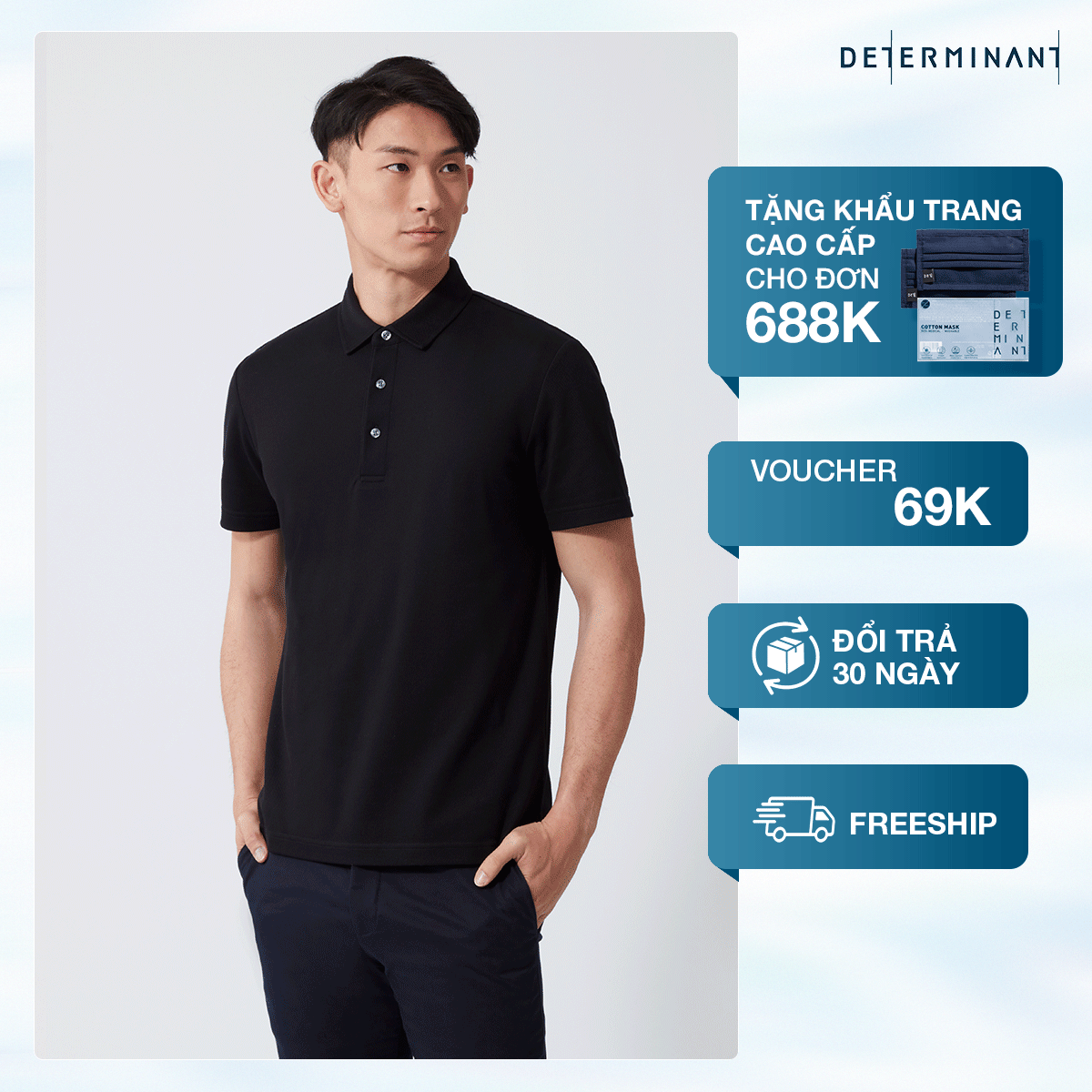 Áo Thun Nam Polo DETERMINANT 100% Cotton Siêu Dài, Chống Xù Lông Thấm Hút Tốt - P02