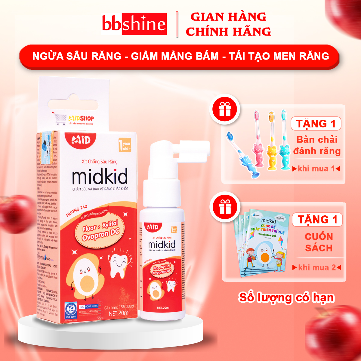 Xịt chống sâu răng cho bé hương táo đỏ BBShine, Xịt chống sâu răng Midkid chính hãng bảo vệ răng miệng của bé – I021