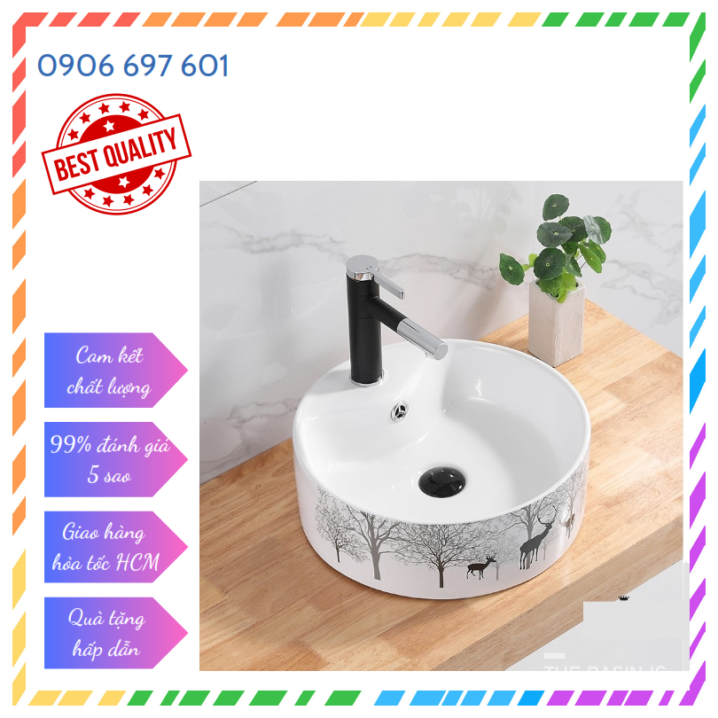 Chậu rửa mặt lavabo nghệ thuật đặt bàn LV005 BẢO HÀNH MEN SỨ 20 NĂM Kiểu họa tiết hươu đen dáng tròn và chữ nhật Mang phong hiện đại sang trọng ĐỔI TRẢ MIỄN PHÍ NẾU KHÔNG VỪA Ý