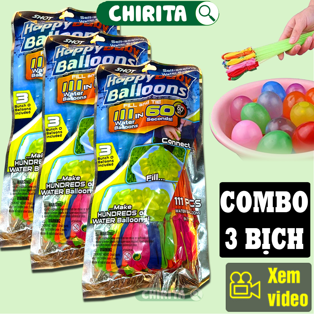 Combo 3 Túi Bong Bóng Nước - Bong Bóng Nước Chùm HAPPY BABY BALLOONS - Gồm 333 Bóng Nước Loại Tốt Đầy Đủ Màu Sắc - Có Sẵn Vòi Bơm