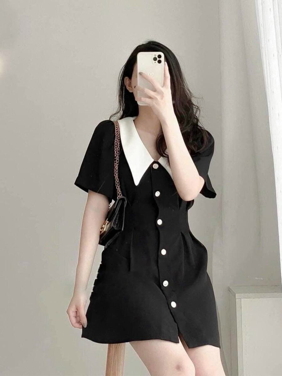 Đầm đen cổ trắng nút trước