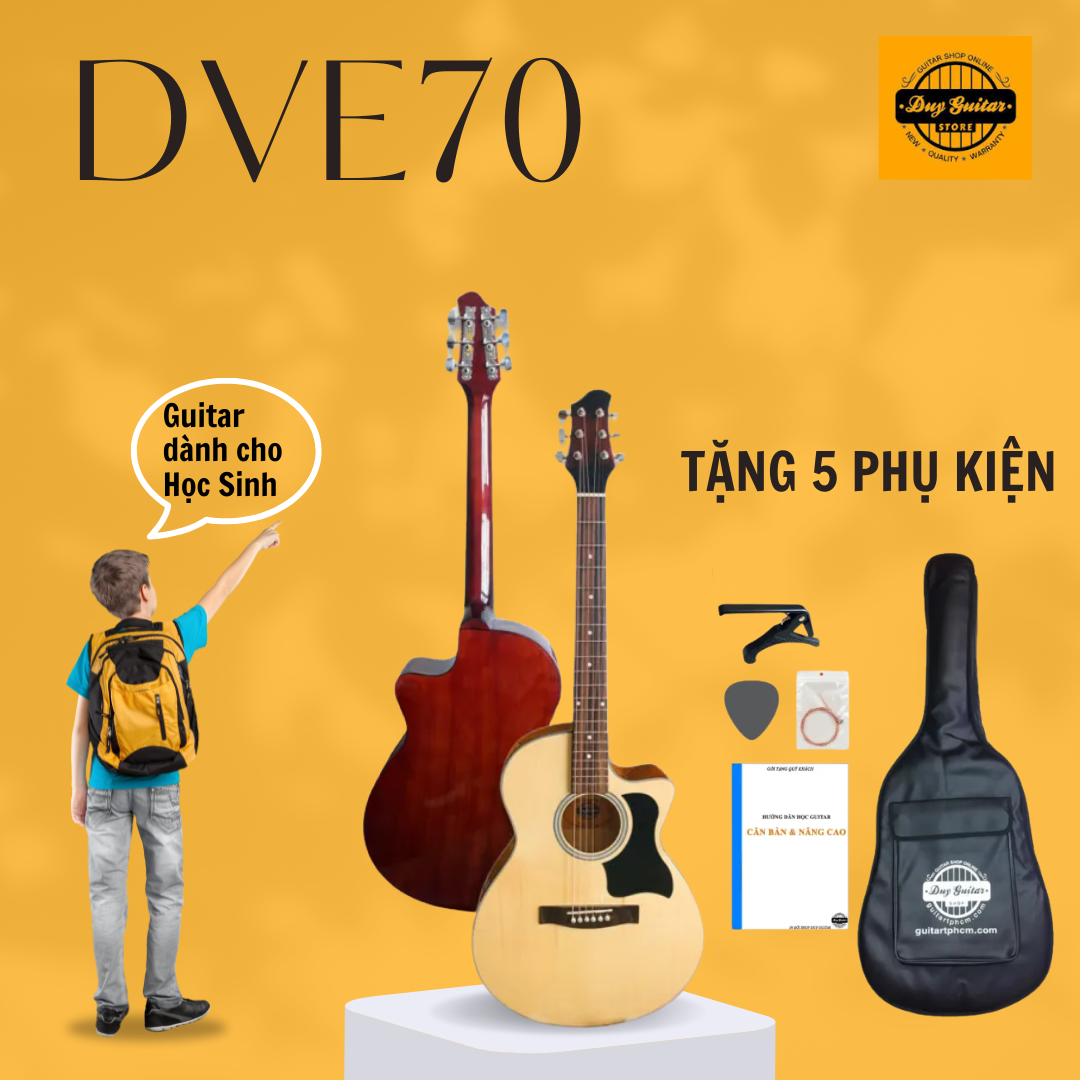 Đàn guitar acoustic DVE70 ghita giá rẻ vô đối dành cho học sinh dây sắt cần thẳng Duy Guitar Store Tặng combo giáo trình bao da capo phụ kiện