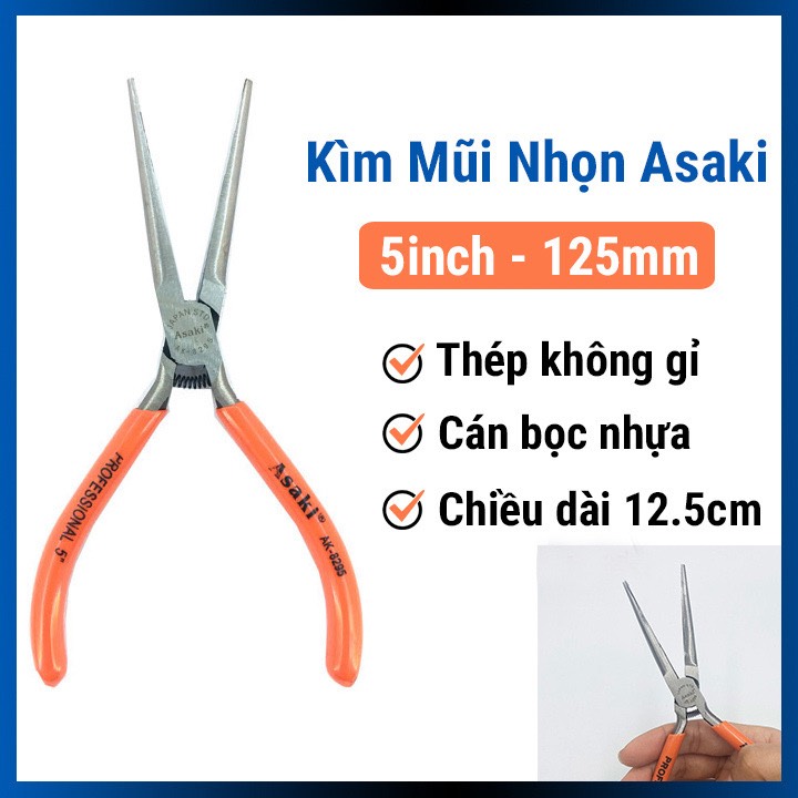 Kìm nhọn Asaki AK-8295,kìm mũi nhọn 125mm,kềm nhọn,kềm mũi nhọn,kìm cắt chân linh kiện,kềm cắt,kìm mini,kìm nhọn mỏ dài