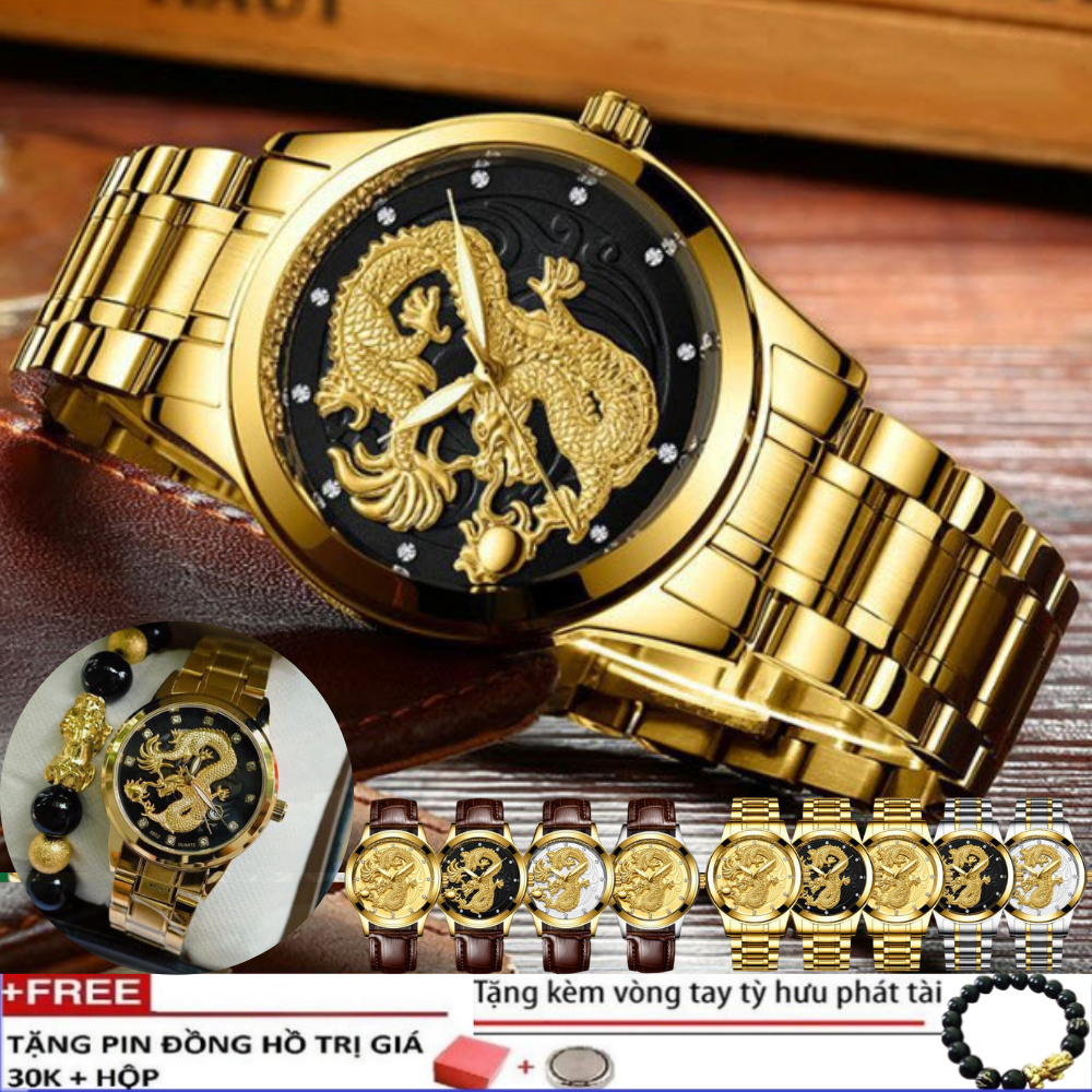 [TẶNG VÒNG TỲ HƯU+ PIN DỰ PHÒNG] Đồng Hồ Nam FNGEEN Rồng Vàng 3D- Dây Thép Đúc Đặc Không Gỉ, Chống Nước Chuẩn 3ATM, Mặt Kính Sang Trọng Nam Tính, đồng hồ nam, đồng hồ nam chống nước, đồng hồ nam đẹp