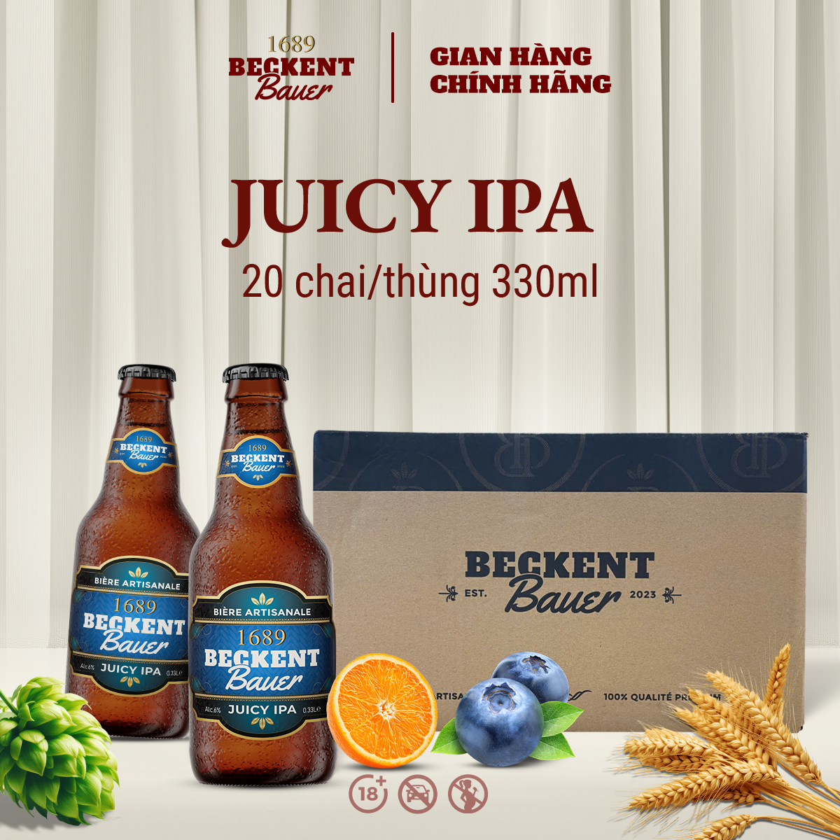 Bia Thủ Công Beckent Bauer Juicy IPA Vị Trái Cây 6% Thùng 20 Chai 330ml