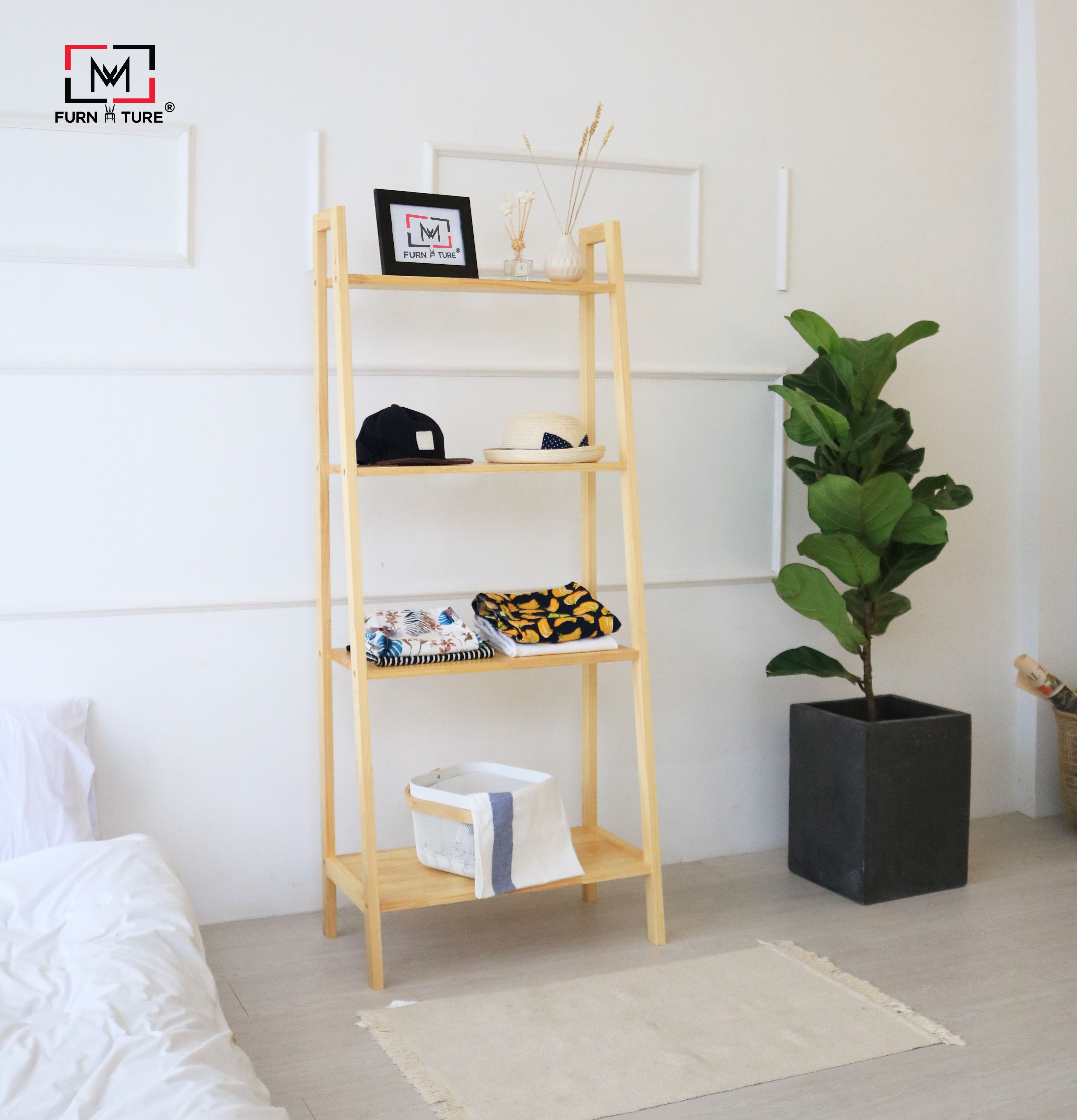 [HCM]KỆ SÁCH HÌNH THANG 4 TẦNG MÀU GỖ - KỆ GỖ ĐA NĂNG LẮP RÁP - BOOKSHELF 4F NATURAL - 사다리선반 스탠드선반