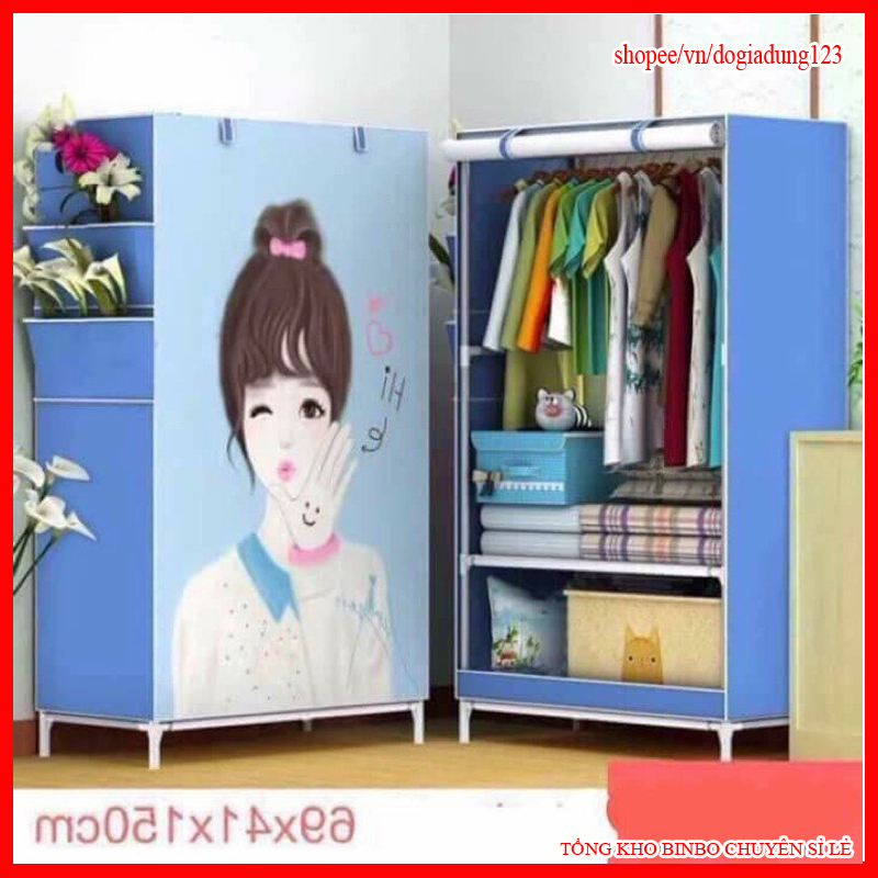 Tủ vải đựng quần áo cao cấp kiểu dáng 3D 1 buồng 2 ngăn, tủ vải khung inox treo quần áo
