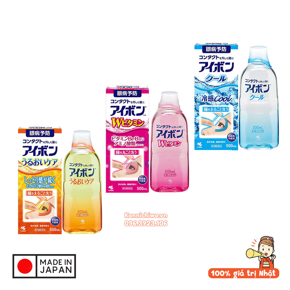 [Chính Hãng] Nước rửa mắt Kobayashi EYEBON W Vitamin 500ml | Dung dịch rửa mắt, tháo kính áp tròng nhẹ nhàng, loại bỏ dị vật, phục hồi và bảo vệ giác mạc - 4987072032893, 4987072053287
