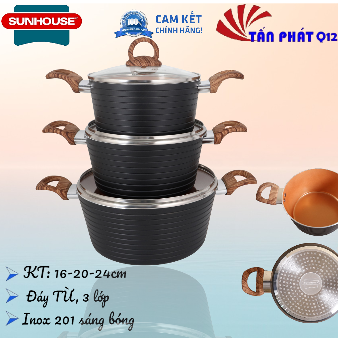 [HCM]Bộ nồi Ceramic Đáy Từ SUNHOUSE 3 MÀU ĐEN HOẶC VÀNG
