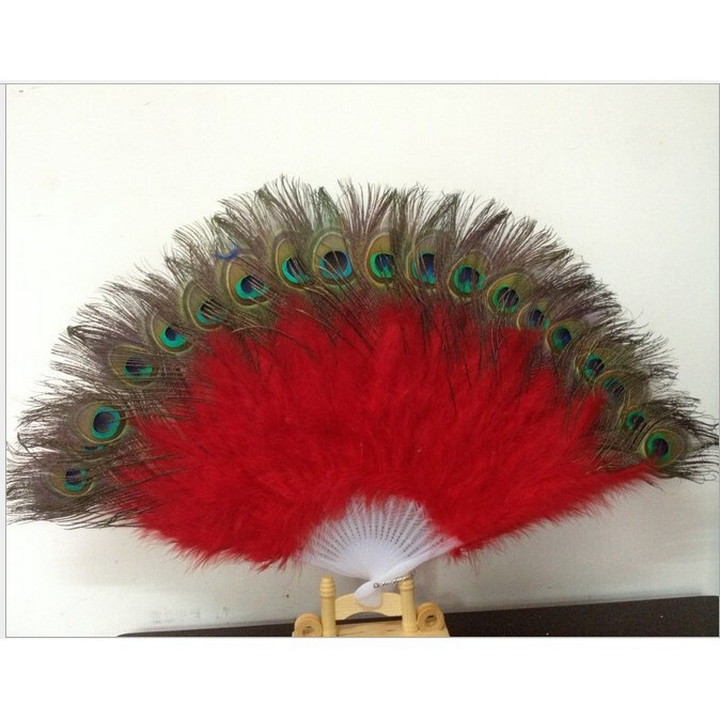 Quạt xếp cầm tay lông đuôi công lông vũ phong cách cổ trang cosplay trang trí trưng bày nhà cửa đẹp