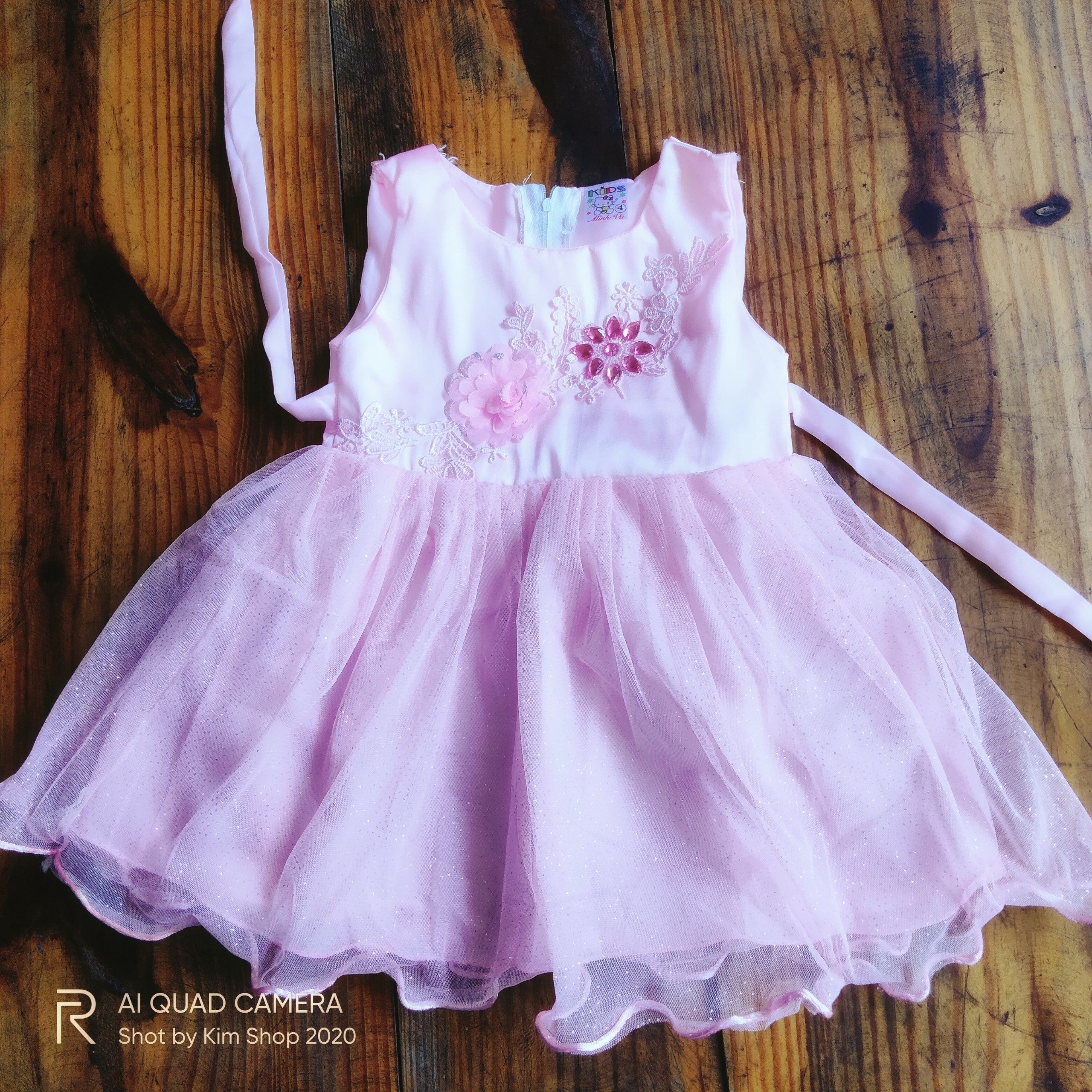Đầm công chúa, váy bé gái dễ thương 3-9 kg, vải phối voan, ren 2 lớp, kiểu sát nách đính hoa hồng, K