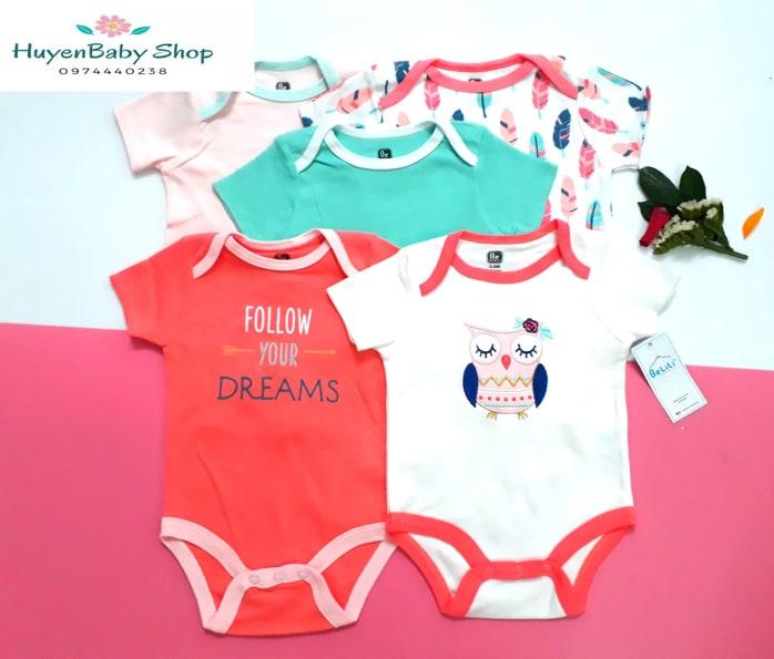 Set 5 bộ body Beliti tay ngắn cho bé gái kèm móc. Set 5 áo liền quần cho bé gái kèm móc