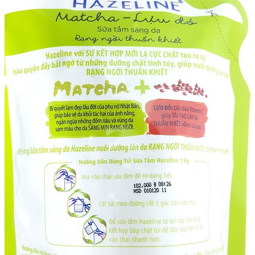 Sữa tắm sáng da Hazeline Matcha Lựu Đỏ túi 1kg