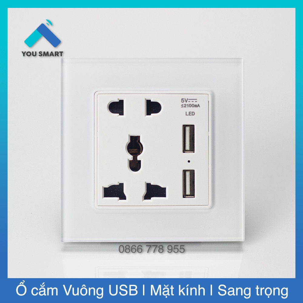Ổ cắm vuông kính cường lực 2 cổng usb.