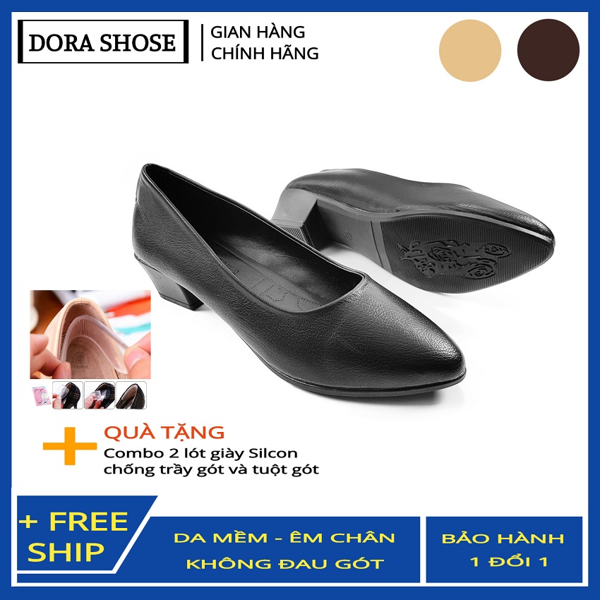Giày cao gót nữ 4cm - giày cao gót công sở đế vuông DORA da mềm êm chân - Tặng kèm lót gày silicon