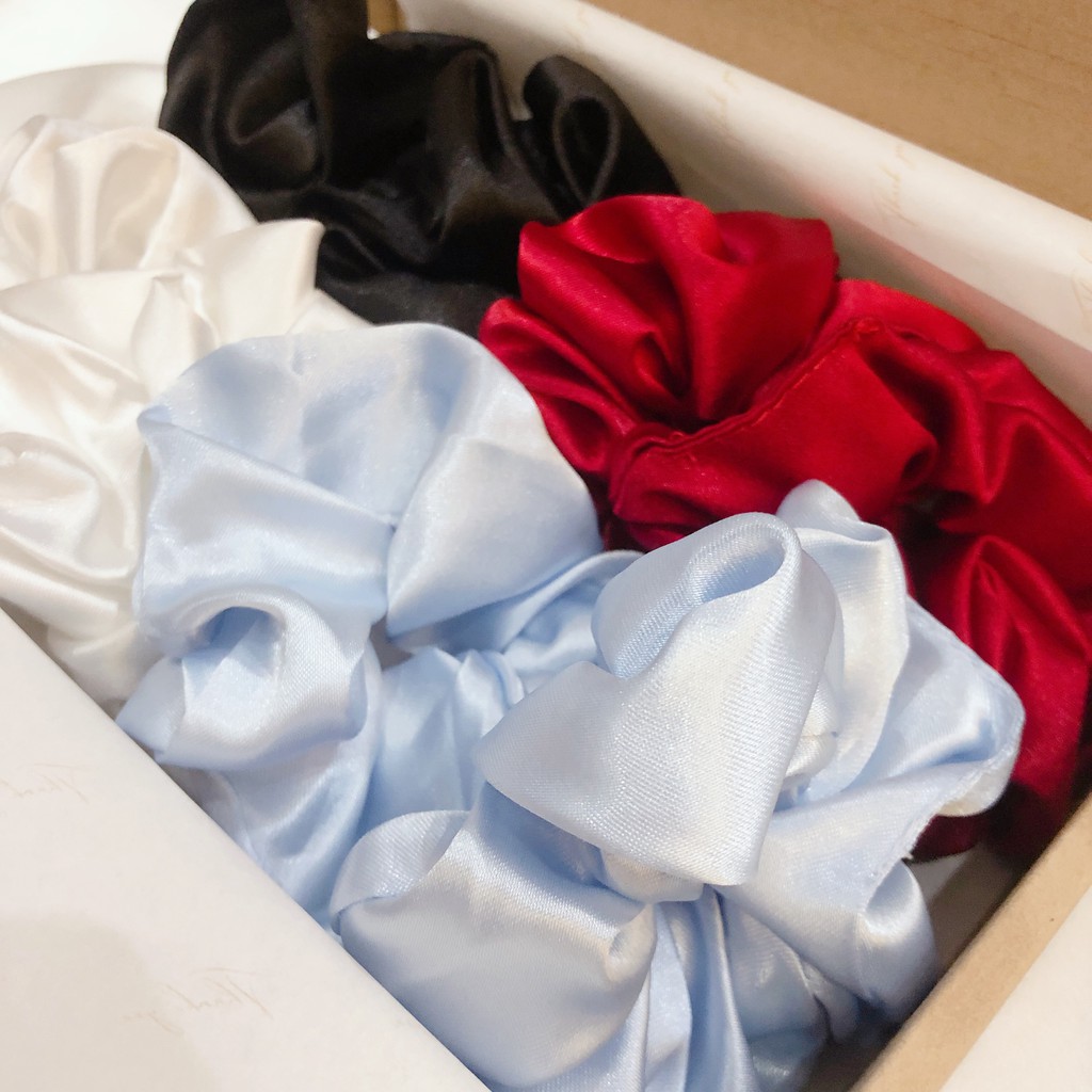 Set quà tặng scrunchies cột tóc vải phi lụa Luala nhiều màu, hộp phụ kiện 8 cái buộc tóc dễ thương.
