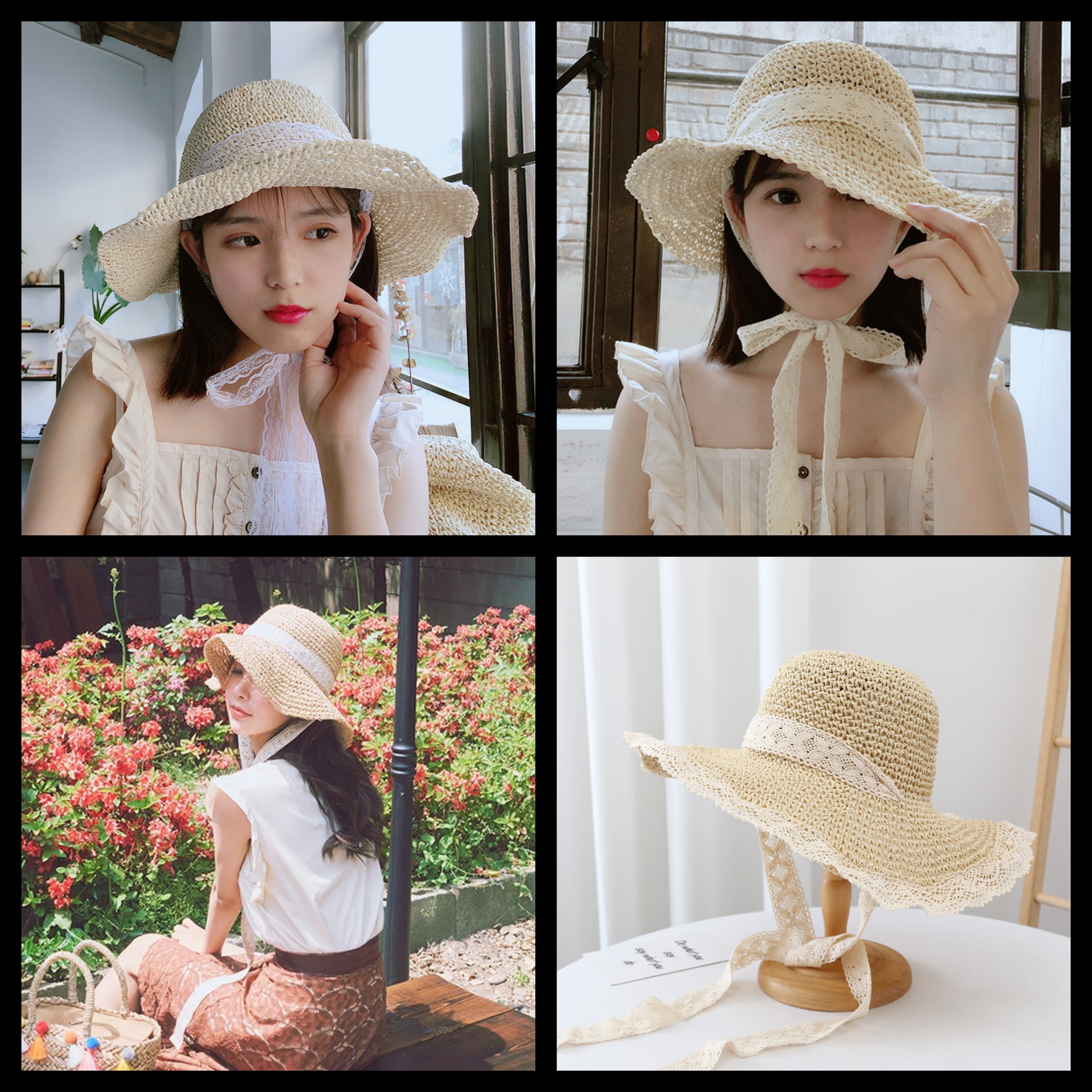 Nón cói đi biển đan trơn viền hoa dây ren, nón nữ, nói cói đi biển