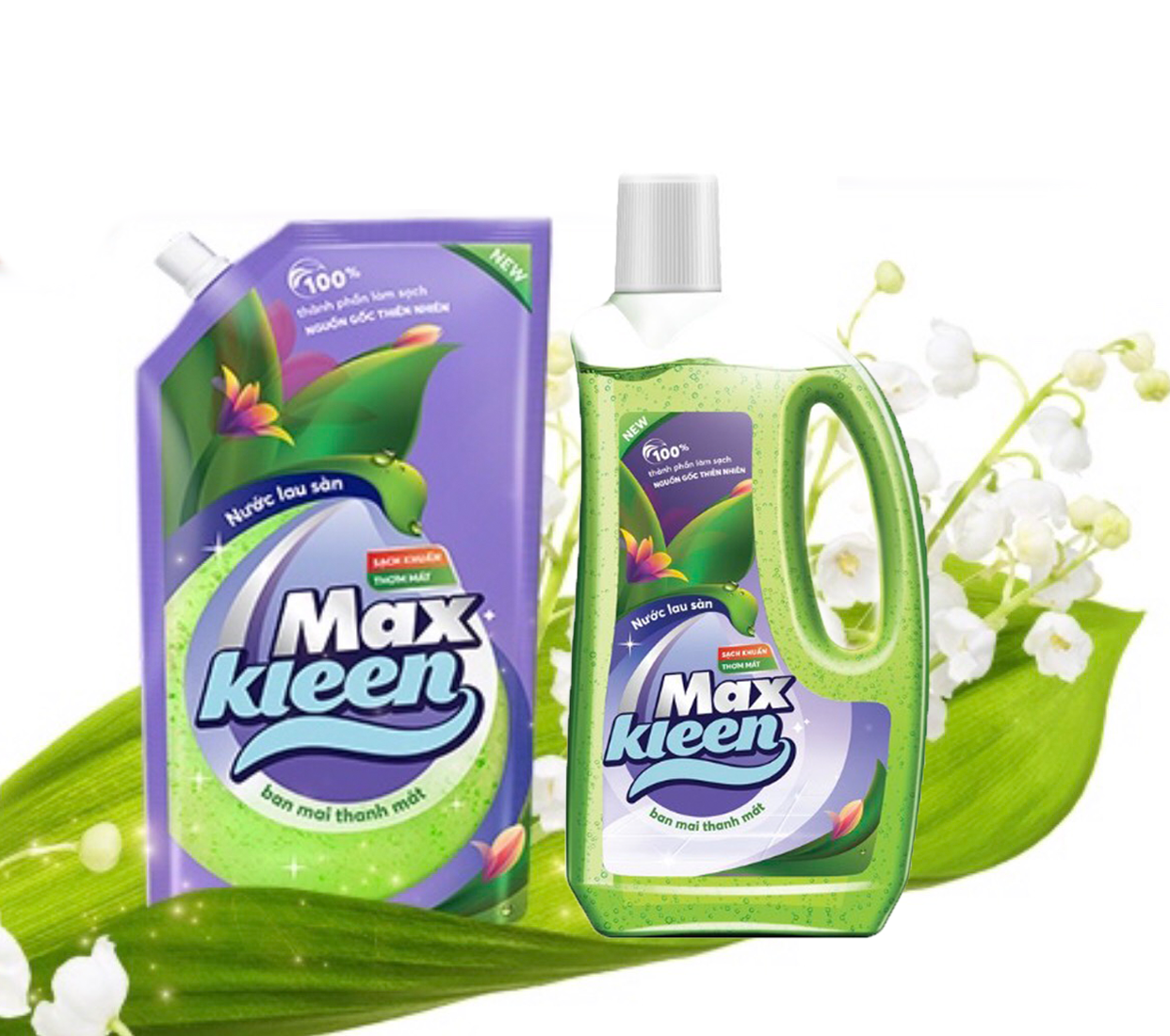 Combo Chai+ Túi Nước lau sàn Maxkleen Sạch Khuẩn Hương Ban Mai Thanh Mát 2000ml