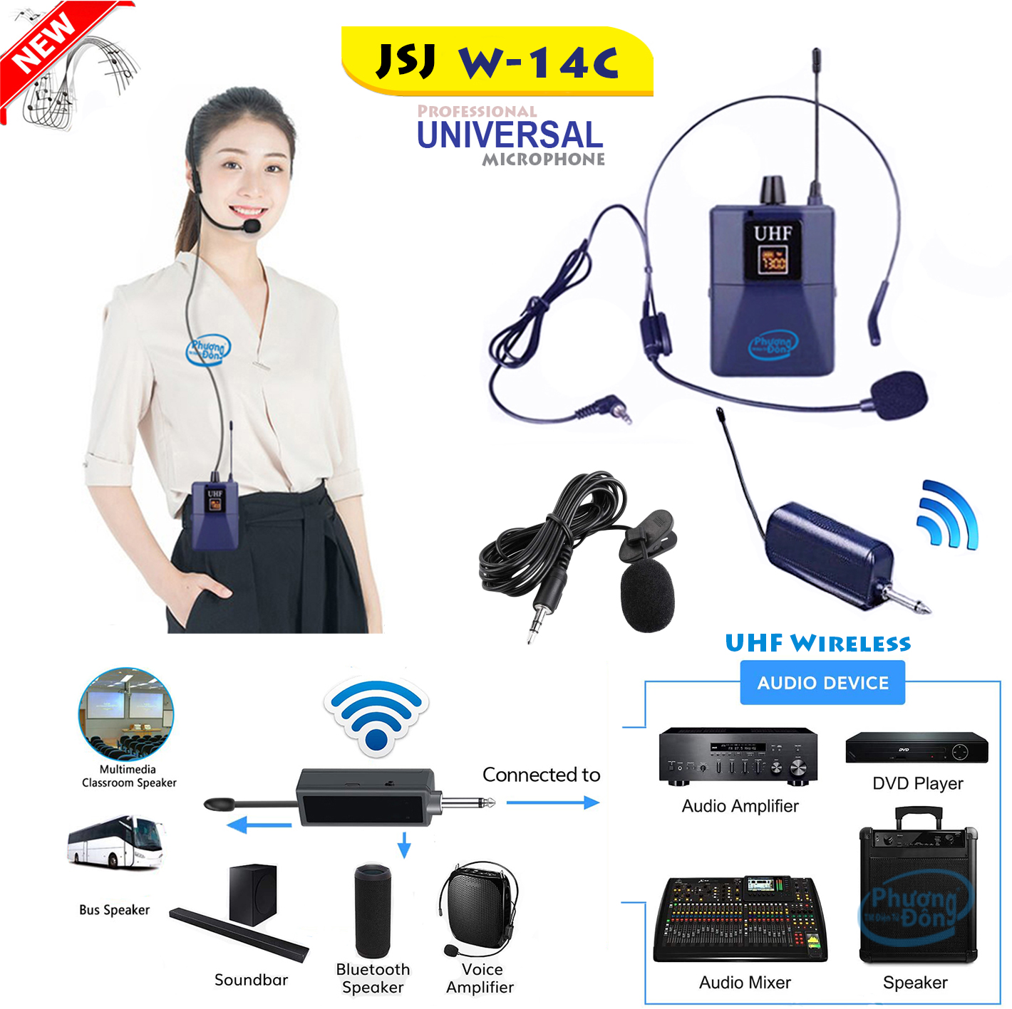 Bộ Micro không dây Đeo tai & Cài áo JSJ W-14C UHF dành cho Giáo Viên - MC Tặng Jack chuyển 6.5mm ra 3.5mm