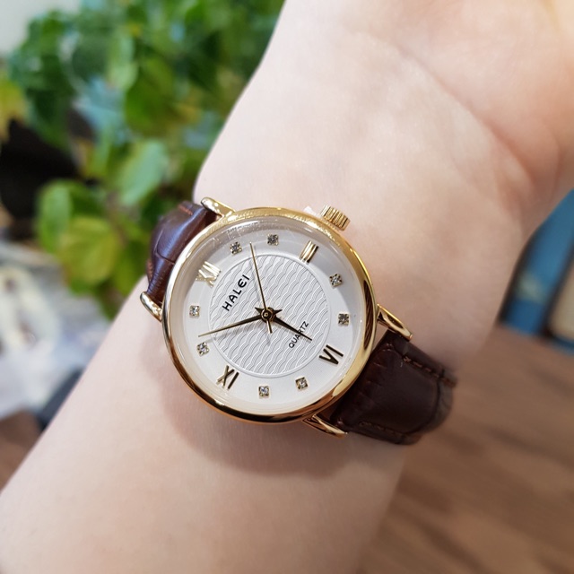 Đồng hồ nam nữ Halei mã 545L dây da viền vàng chống nước tuyệt đối chính hãng giá rẻ