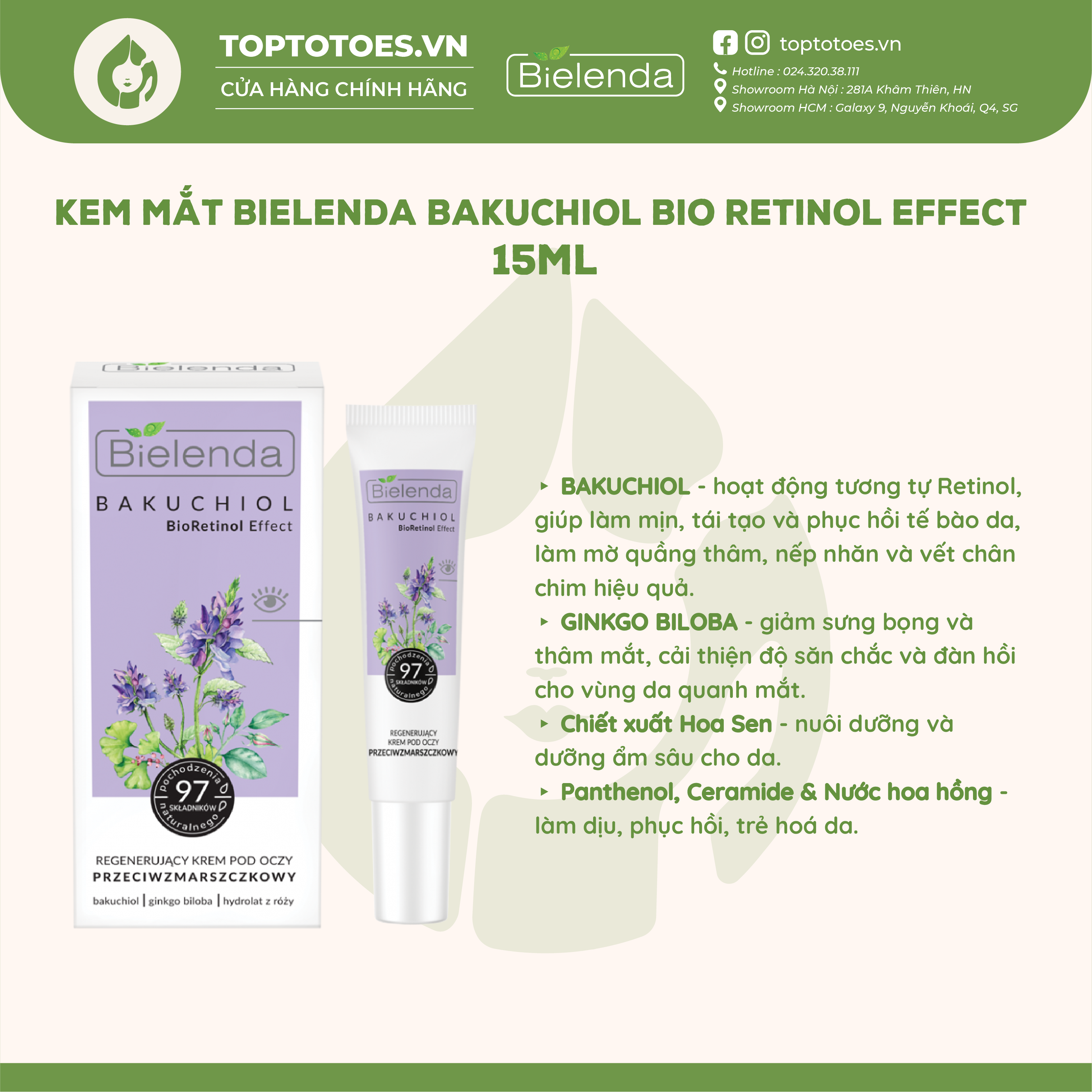 Kem mắt Bielenda Bakuchiol Bio Retinol Effect dưỡng ẩm, giảm nhăn, thâm mắt