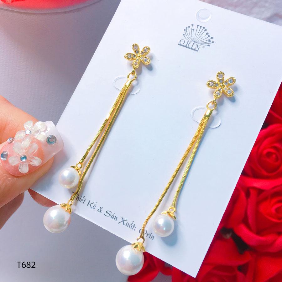 Bông tai nữ, khuyên tai dáng dài hoa đính đá cao cấp Orin T682 - Long Tien