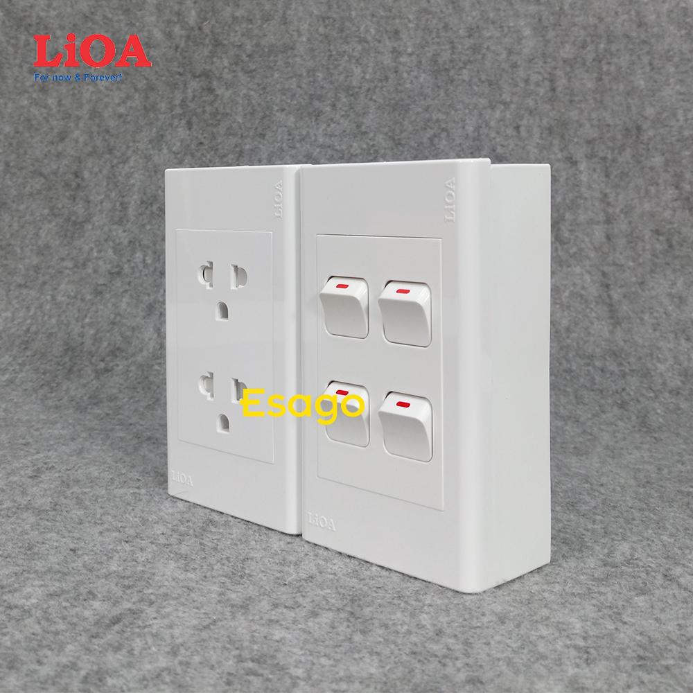 [HCM]Combo ổ cắm điện đôi 3 chấu 16A (3520W) + 4 công tắc điện LiOA - Lắp nổi