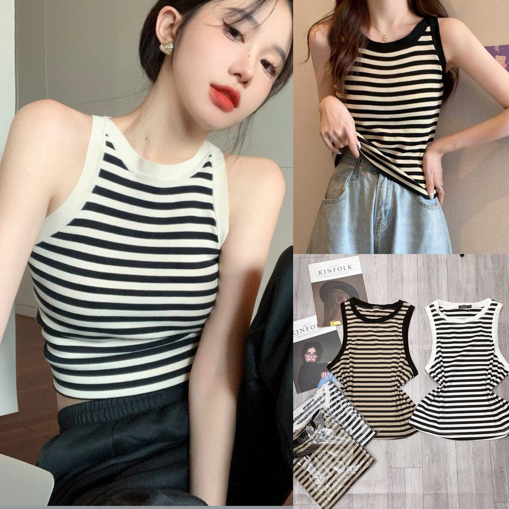 Áo ba lỗ croptop thun gân họa tiết kẻ sọc ngang co giãn