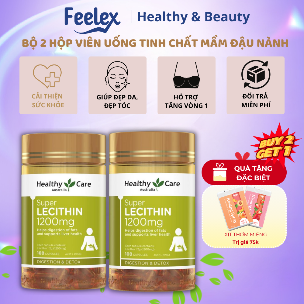 Bộ 2 hộp mầm đậu nành Healthy Care Super Lecithin 1200mg - Hộp 100 viên, hỗ trợ đẹp da và cân bằng nội tiết tố nữa