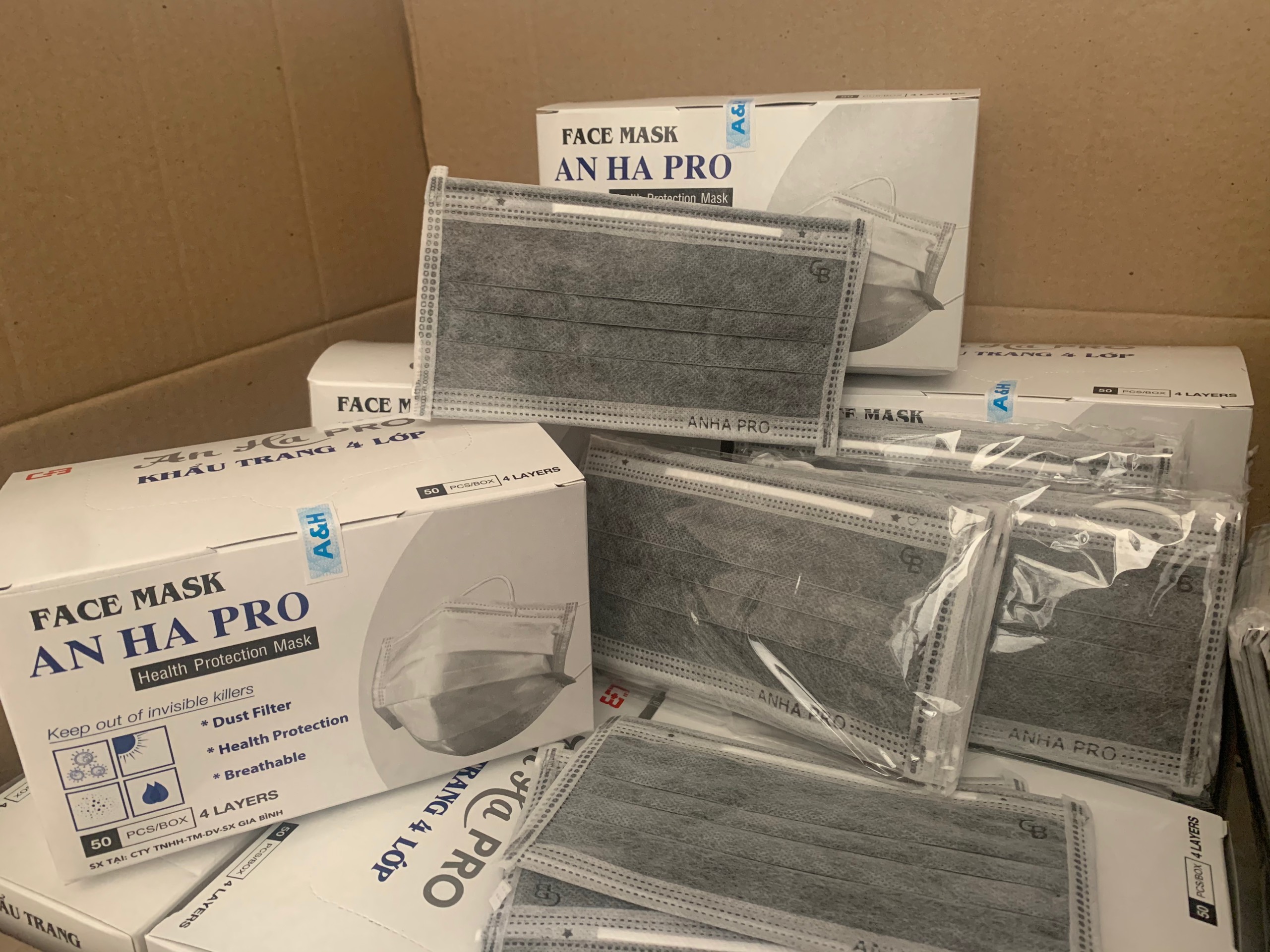 [HCM][Combo 10 hộp chuẩn ISO vải SMS] Khẩu trang Y Tế An Hạ 4 lớp vải kháng khuẩn màu xám than hoạt tính