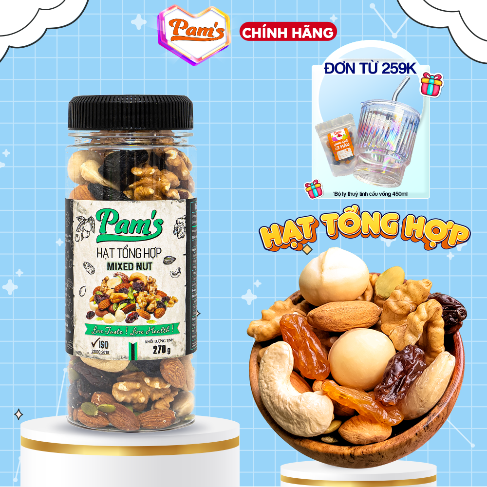 Hạt dinh dưỡng mix 6 siêu hạt & nho khô pams 540g - macca, hạnh nhân, nhân óc chó, hạt điều, hạt bí, nho khô