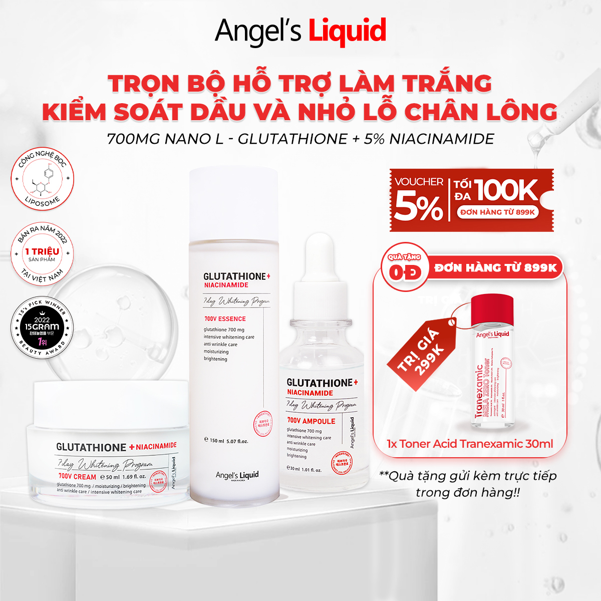 Bộ 3 sản phẩm Nước thần, Serum, Kem Dưỡng Trắng, Se Khít Lỗ Chân Lông Angel's Liquid Glutathione Plus Niacinamide